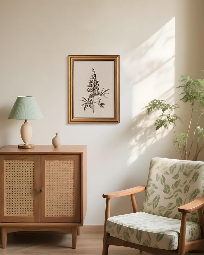 Bzstyleart Vintage Wall Art Decor for Living Room,Upinus Texensis Flowers Painting,Gold Framed Artwork,Sketching Painting Picture,Bedroom Wall Art for Home Decor Aesthetic,12L x 16W