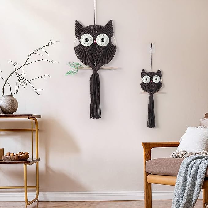MVSUTA Owl Chocolate Cotton Handmade Macrame Wall Hanging Tapestry Home Decor Art and Bronze Craft Wonderful Decoration Woven Boho Ornament for Office Bedroom Apartment Living Room Nursery