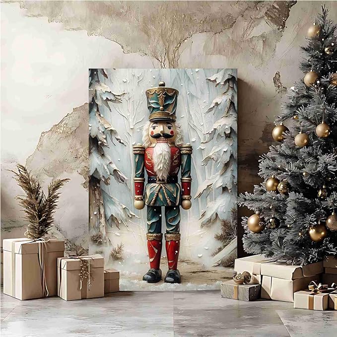 Nutcracker Christmas Art Print Vintage Holiday Decor Winter Nutcracker Wall Art Vintage Toy Soldier Print Festive Winter Poster Indoor Decor for Home Offices Living Room Bedroom Framed Ready to Hang