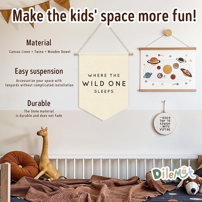 Bedroom Decor Where The Wild One Sleeps Linen Pennant Banner，Adventure Nursery Wall Hanging Flag Banner for Nursery Kids Room Playroom Camper Decor