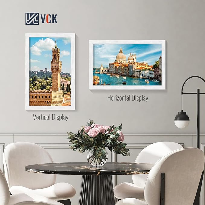 VCK 11x17 Picture Frames White Set of 5, Wide Border Wood, Tempered Glass, Display 9x15 Photo with Mat or 11 x 17 without, for Home, Office, Gallery, Woodgrain Series, Wall Hanging