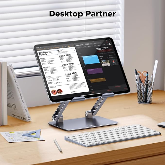 UGREEN Tablet Stand Holder for Desk Dual Rod Support Aluminum Tablet Holder Adjustable Multi-Angle Home Office Accessories Compatible with iPad Pro 13 12 11 10.5 Air Mini 5 4 3 2 Phone E-Reader Grey