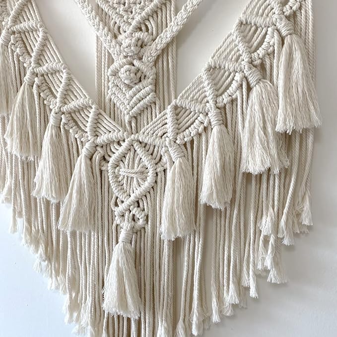 Macrame Wall Hanging, Handmade Boho Woven Wall Hanging with Tassel, Wall Decor for Bedroom Living Room Nursery Apartment (White)