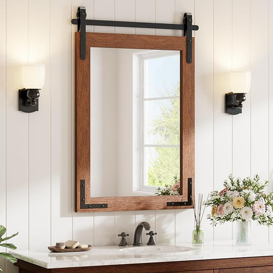 22x30 Inch Brown Farmhouse Barn Door Mirror with Solid Wood Frame, Shatterproof Glass, No Assembly Required – Perfect for Farmhouse Style Decor