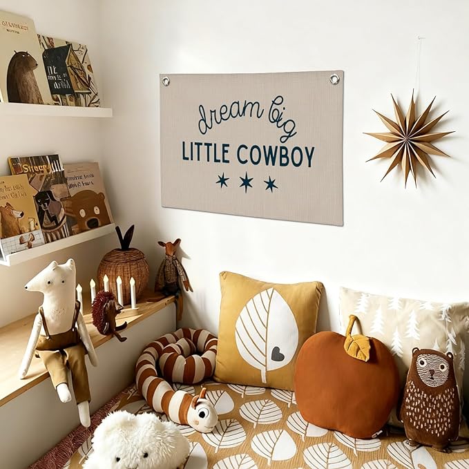 Boy Nursery Decor,Dream Big Little Cowboy Wall Art,Cowboy Nursery Decor Linen Banner Print,Wall Decor Hanging for Kids Boys Toddler Nursery Bedroom Playroom 30x20 Inch