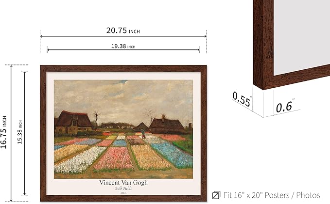 Monem Art Vintage Van Gogh Poster - Retro Bulb Fields Print - Flower Beds in Holland Art - Impressionism Art - Fine Art - Classic Painting Art - Great Bedroom Wall Decor - 16x20 Brown Framed