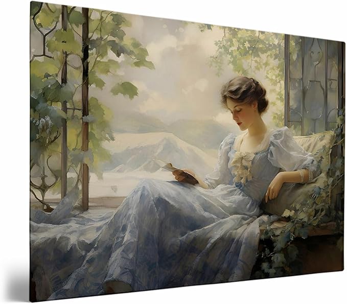 Antique Lady Reading Painting, Woman Reading Print, Woman In A Blue Dress,Antique Woman Portrait, Victorian Woman Wall Art, Girls Living Room, Bedroom, Apartment, Home Decor24x36 Framed