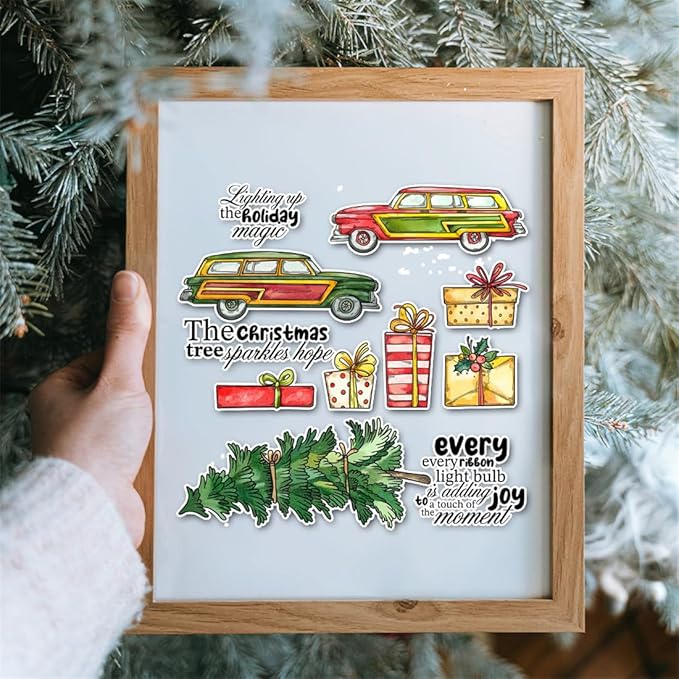 Car Christmas Tree Box Stamps and Cutting Dies for Card Making DIY Transparent Silicone Clear Stamp and Metal Die Cuts Sets for Scrapbooking Paper Greeting Cards Decor Seals Craft Supplies
