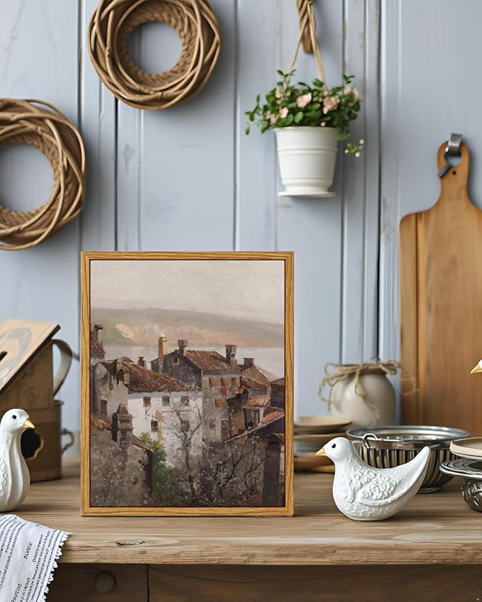 VIYYIEA Vintage Framed Canvas Wall Art, European Towns Landscapes Art, Living Room Hallway Bedroom Library Rustic Retro Neutral Decor, Antique Country Town Picture Paintings,12x16 Inch