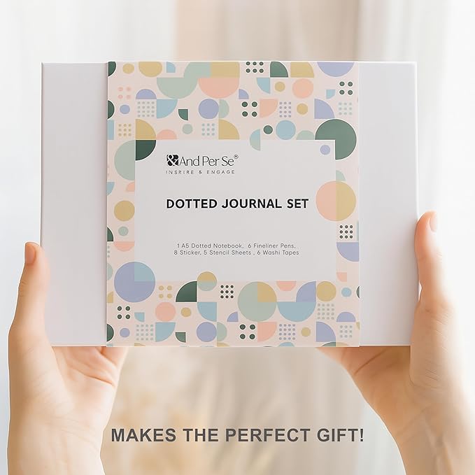 &And Per Se Bullet Dotted Journal Kit, A5 Hardcover Dotted Journaling Set (Green), 6 Fineliner Pens, 8 Sticker & 5 Stencil Sheets, 6 Washi Tapes with Giftable Box