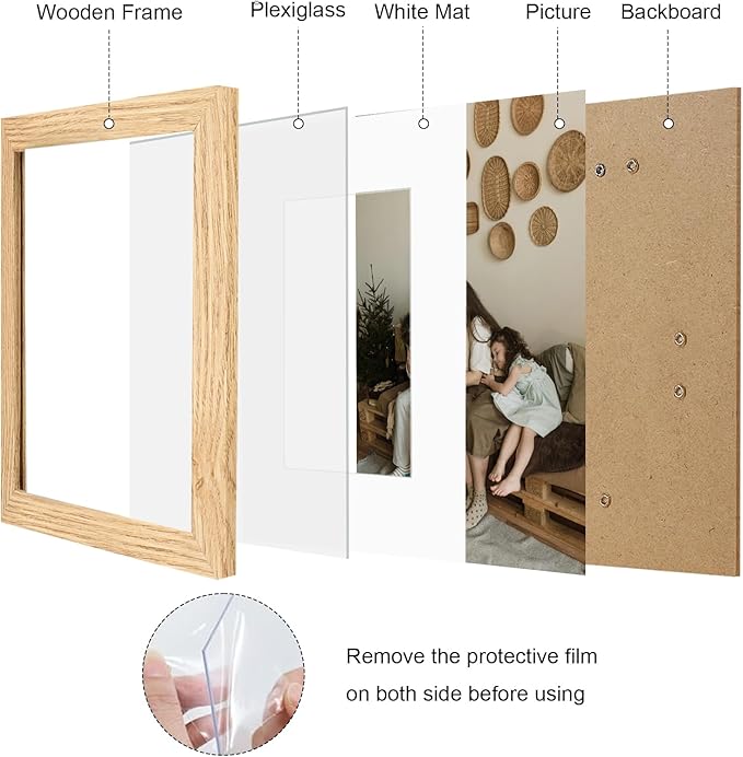 8x10 Picture Frame Set of 9, Display Pictures 5x7 with Mat or 8 x 10 Without Mat, Multi Photo Frames for Wall Mounting or Table Top Display, Natural Oak
