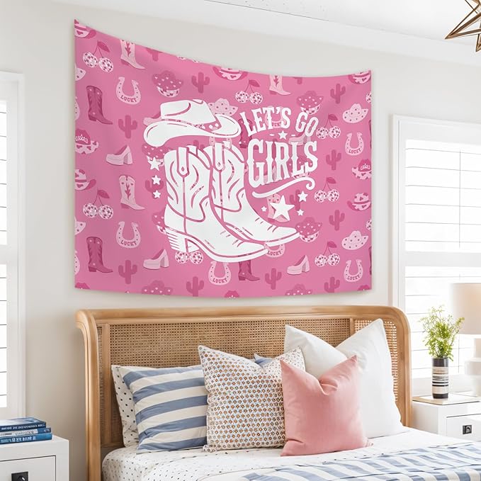 STHTTSW Pink Cowgirl Tapestry, Pink Coastal Let' s Go Girls Tapestries Wall Blanket, Preppy Girly Wall Hanging Decor for Teen Girl Women College Dorm Apartment Bedroom, 50x60 Inch