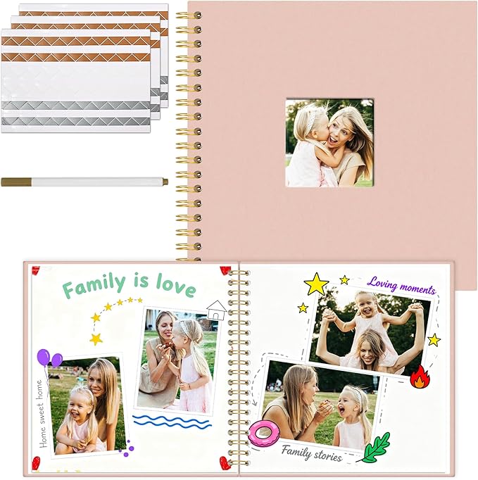 Vienrose 10 x 10 Inch Scrapbook Photo Album, Linen Hardcover Photo Book with 40 White Pages, DIY Memory Book Kit with Accessories for Wedding, Baby Shower, Travel, Christmas (Pink, 20 Sheets)