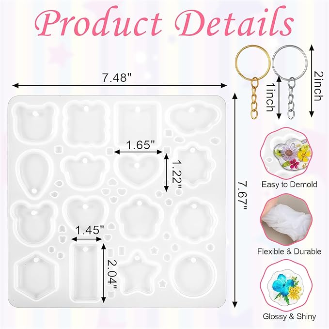 Keychain Resin Molds with Hole Resin Jewelry Pendant Mold Silicone Mold Set with 8 Keychains 16 Cavities Jewelry Molds for Beginner DIY Crafts Keychain Charm Pendant Jewelrys Making