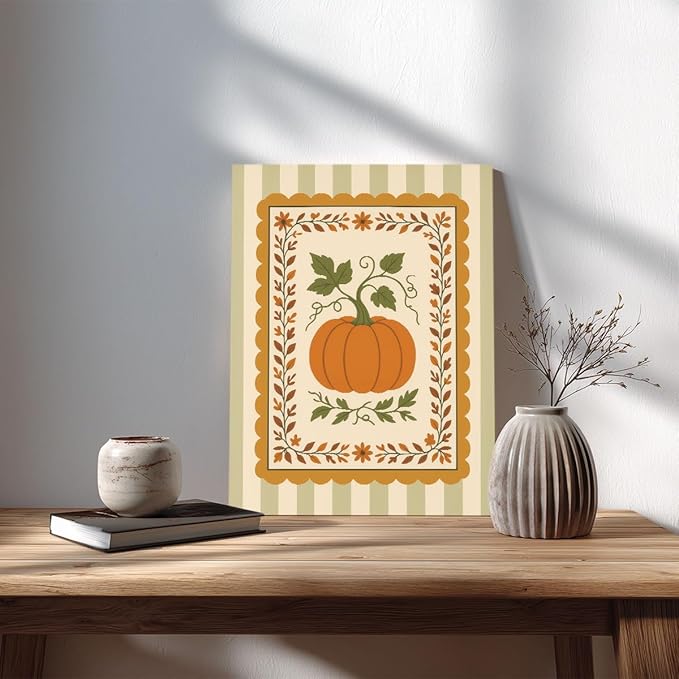 Pumpkin Harvest Wall Art – Vintage Fall Botanical Canvas Print – Autumn Farmhouse Decor with Green Stripes – Thanksgiving Pumpkin Illustration Poster 12x16inch-Unframed