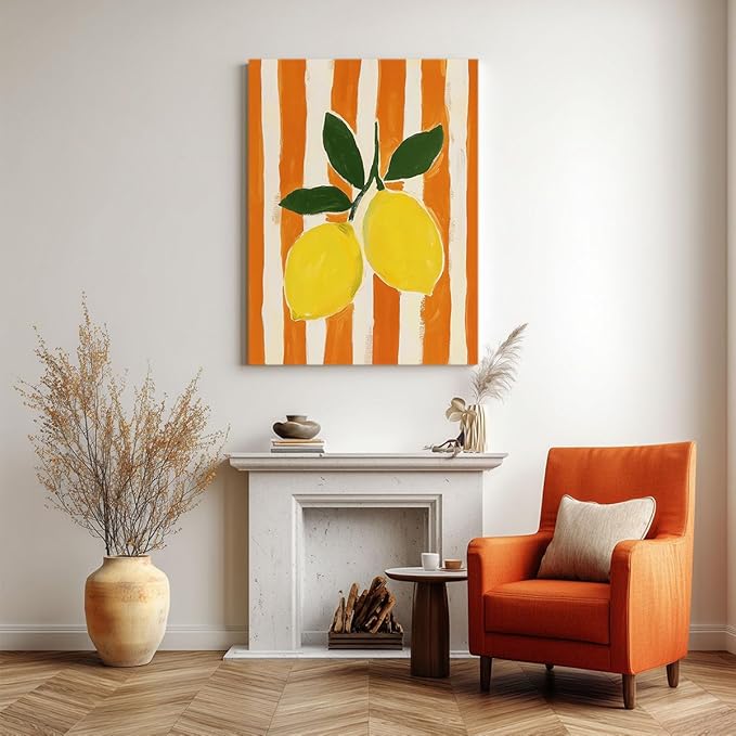 Lemon Watercolor Wall Art – Fresh Yellow Citrus Canvas Print – Orange Stripe Kitchen Decor – Modern Botanical Fruit Illustration Poster 12x16inch-Framed