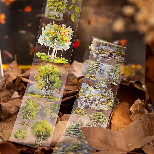 6PCS Trees and Forest PET Tape Set, Nature Scenery Adhesive Tapes for Journaling, Scrapbooking, and DIY Crafts, with Decorative Clip