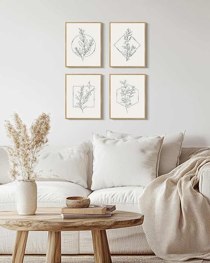 Drsoum Botanical Flower Boho Framed Wall Art Wooded Minimalist Aesthetic Floral Prints Farmhouse Retro Plants Rustic Bathroom Kitchen Home Decor Ready to Hang 8x10inx4pcs (Natural Framed)