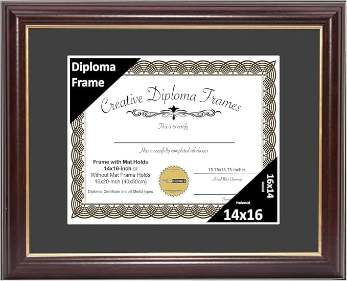 Creative Picture Frames 14x16 Mahogany Gold Rim Diploma Frame with Black Mat Glass and Installed Wall Hangers | Frame Holds 16x20 Media without Mat