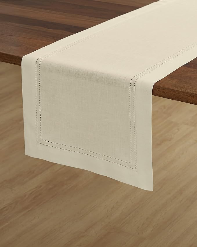 Solino Home Linen Ivory Table Runner 36 Inches - Double Hemstitch, 100% Pure Linen Coffee Table Runner 14 x 36 Inch Ideal for Dresser Tables - Spring, Easter