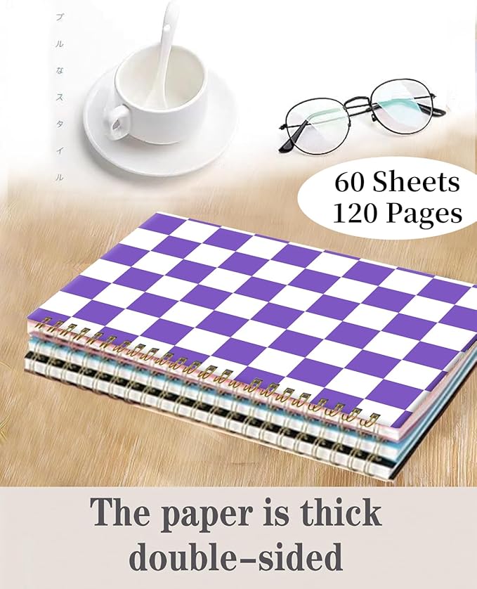 Spiral Journal Notebook,A5 Hardcover Lined Journals for Women 6 x 8.3 in,60 Sheets 120 Pages Thick Paper,Cute College Ruled Writing Notebook for Office Work School(Purple Checker)