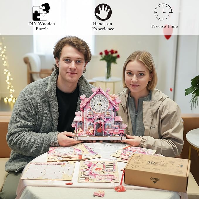 3D Puzzles for Adults Clock-Sweetheart Cottage Design Model Kit-Mechanical DIY Pendulum Clock with Roman Numerals-Desk Home Office Decor Personalized Gift for DIY Lovers