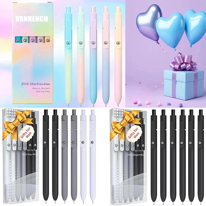 Vanhench 6Pcs Gel Pens, 0.5MM Black Gel Ink Pen Fine Point Smooth Writing Pens, College Essentials Pens, Father's Day Birthday Gifts for Men (6PCS Black Gray White)