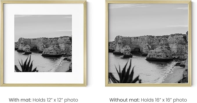 HAUS AND HUES 16x16 Gold Metal Picture Frames Matted to 12x12 - Premium Aluminum with Hanging Hardware, Shatterproof Plexiglass - Ideal for Home or Office (16x16 in, Gold, Set of 4)