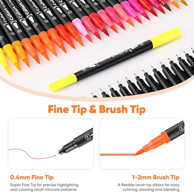 Caliart 72 Colors Double Tip Brush Pens Art Markers, Artist Fine & Brush Pen Coloring Markers for Adult Book Cards Drawing Craft Kit Teacher Office Supplies, Christmas Gifts for Teen Girls Boys