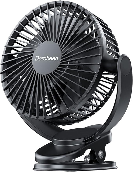 Dorobeen Portable Clip on Fan, Battery Powered, 3 Speed Quiet Rechargeable Mini Desk Fans, 360° Rotate for Home Office Stroller Camping Golf Cart (BLDC Motor)