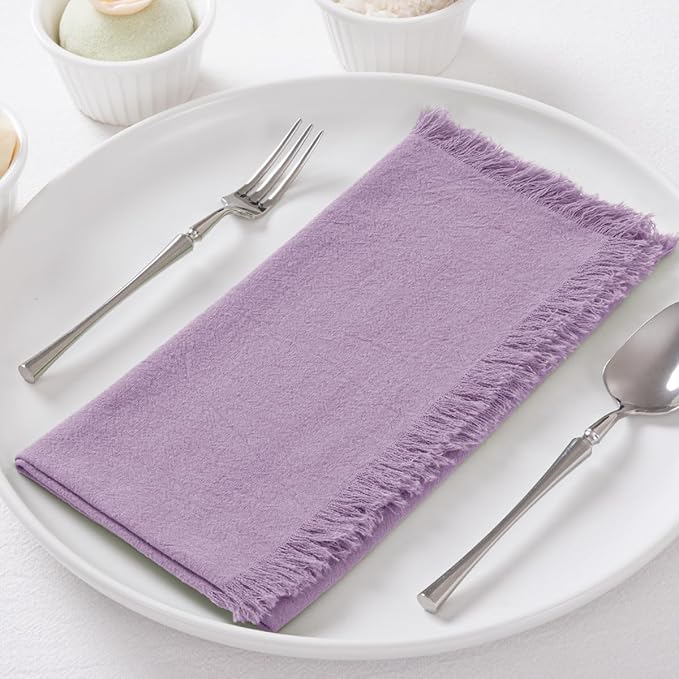 12 Pack Purple Cotton Linen Napkins with Fringe Spring Cloth Napkins Set of 12 Boho Handmade Dinner Napkins Bulk for Wedding Bridal Baby Shower Valentine's Day, 17 x 17 Inches