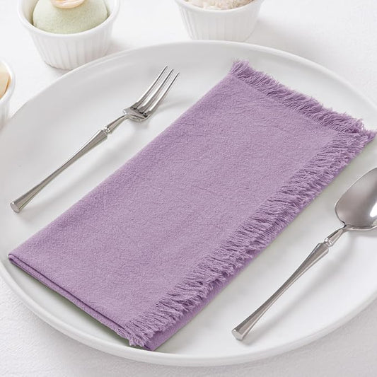 12 Pack Purple Cotton Linen Napkins with Fringe Spring Cloth Napkins Set of 12 Boho Handmade Dinner Napkins Bulk for Wedding Bridal Baby Shower Valentine's Day, 17 x 17 Inches