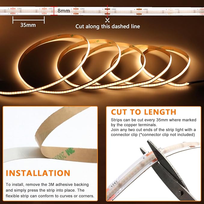 VST 16.4ft COB LED Strip Lights CCT 2700K-6500K UL-Listed, 24V Dimmable LED Light CRI 93, 2400LEDs Super Bright LED Tape Lighting with 60W LED Driver ETL-Listed and Remote Controller
