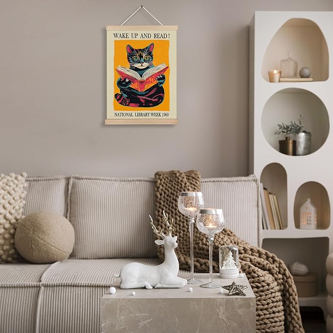 Vintage Cat and Book Wall Art, Book Posters, Library Reading Nook Decor, Wake Up and Read Cat Reading Canvas Wall Art Poster Hanger Frame for Reading Room Corner Classroom Decor, 12x16 Inch