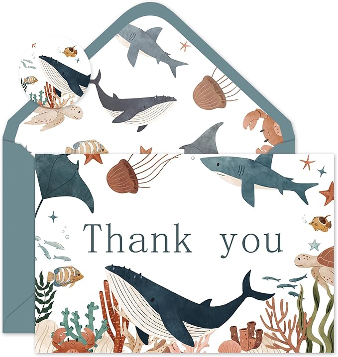 24 Pack Ocean Animal Thank You Cards Bulk Cute Sea Life Greeting Cards with Envelopes Stickers Blank Note Cards for Birthday Baby Shower Party Supplies, 4 x 6 Inch
