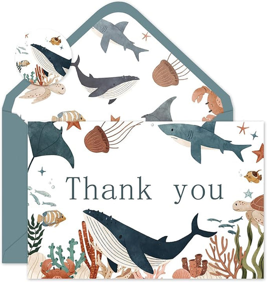 24 Pack Ocean Animal Thank You Cards Bulk Cute Sea Life Greeting Cards with Envelopes Stickers Blank Note Cards for Birthday Baby Shower Party Supplies, 4 x 6 Inch