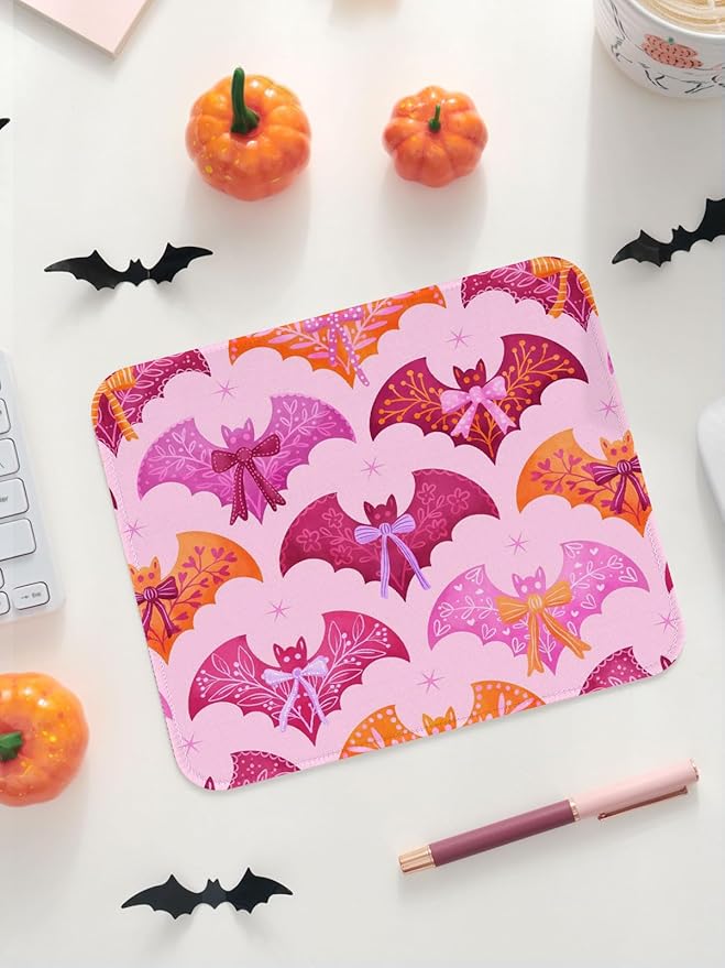 Seorsok Halloween Funny Bat Mouse Mat,Bow Ribbon Decor Mouse Pads for Office Laptop,Washable Square Cute Mousepads with Extended Stitched Edges Non Slip Rubber Base 9.5"x7.8"x0.12" Inch,Purple