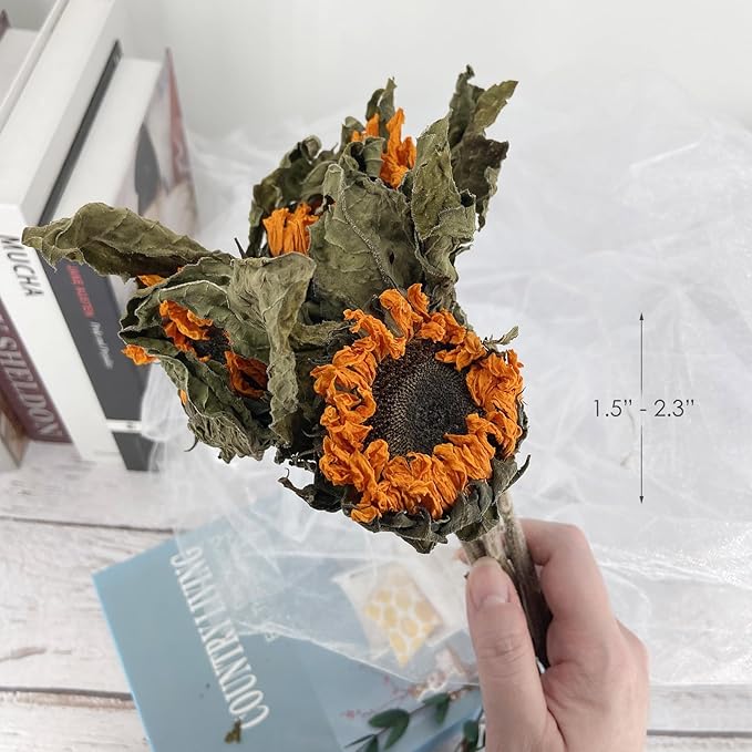 L'BREVOGA Dried Sunflowers with Stem, 3 pcs Natural Dried Sunflower for Floral Arrangements Home Wedding Party Decoration (15 Inches)