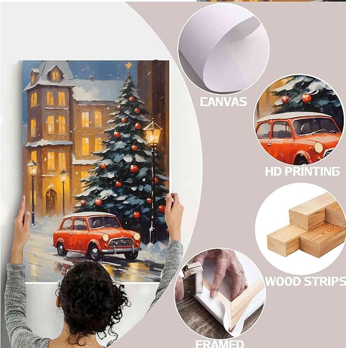 Framed Canvas Wall Art Snowy Christmas tree and red car art print Christmas in the city classic timeless red car snow cosy winters day 20x30in Wood Framed