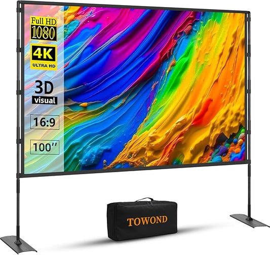 TOWOND Projector Screen and Stand, 100 inch Outdoor Projector Screen Indoor, Portable Movie Screen 16:9 4K Front Rear Projection Screen with Carry Bag Wrinkle-Free Design for Home Backyard Theater