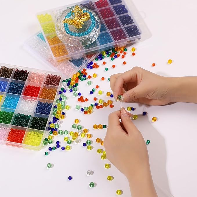 3200Pcs Glass Beads Bracelet Making Kit -44 Colors 8mm 6mm 4mm Round Crystal Beads for Jewelry Making, Clear Glass Beads Kits for Bracelet Necklaces DIY Crafts Making for Beginners Woman