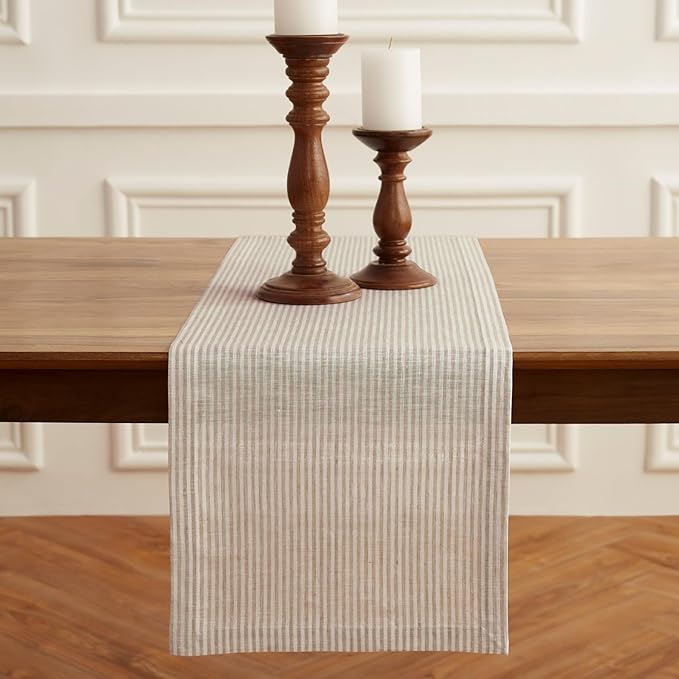 Solino Home Linen Table Runner 60 Inches - Narrow Stripe 100% Pure Linen Natural and White Farmhouse Table Runner 14 x 60 Inch Ideal for Dresser and Coffee Tables - Spring, Easter
