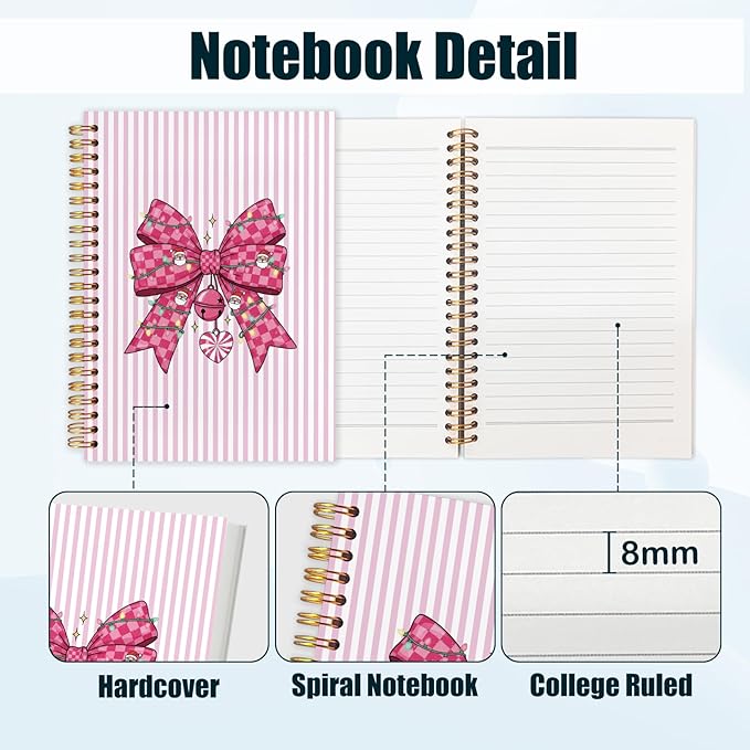 Coquette Pink Plaid Bow Christmas Spiral Notebook, Preppy Christmas Journal for School Office Supplies, Girly Xmas Pink Aesthetic Holiday Hardcover Journal 5.5x8.3 Inch