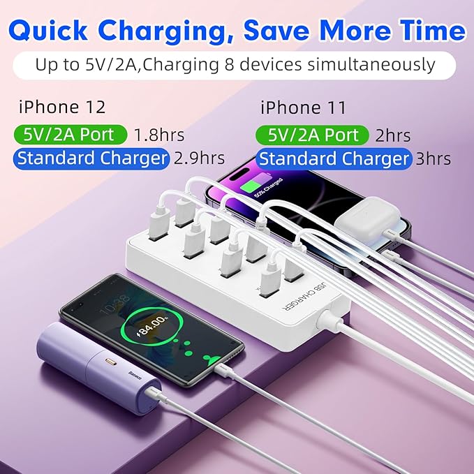USB Wall Charger USB Charging Station for Multiple Devices 8-Ports Power Hub Strip Smart Charger Block Compatible with iPhone, Galaxy, iPad Tablet, and Other Devices（White）