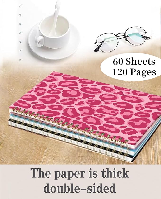 Spiral Journal Notebook,A5 Hardcover Lined Journals for Women 6 x 8.3 in,60 Sheets 120 Pages Thick Paper,Cute College Ruled Writing Notebook for Office Work School(Pink Spot Leopard)