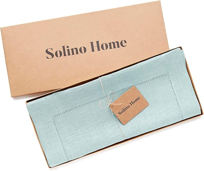 Solino Home Linen Aqua Blue Table Runner 36 Inches - Classic Hemstitch, 100% Pure Linen Coffee Table Runner 14 x 36 Inch Ideal for Dresser Tables - Winter, Spring, Easter