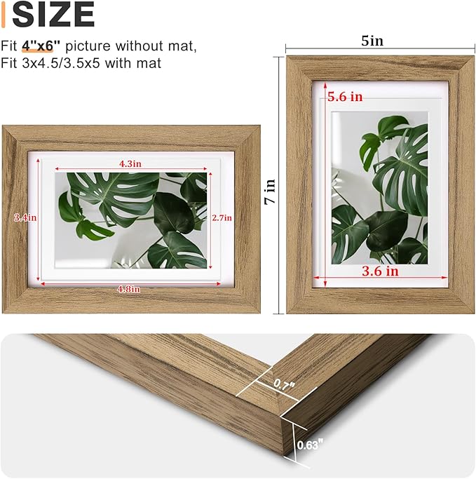 Egofine 4x6 Picture Frames with Plexiglass, Display Pictures 3x4.5 and 3.5x5 with Mat or 4x6 Without Mat Set of 4 for Tabletop and Wall Mounting, Carbonized Brown