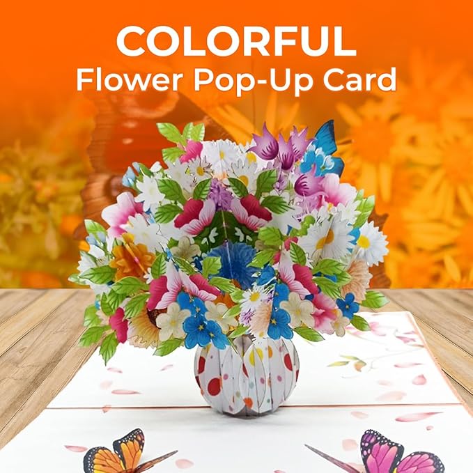 iGifts And Cards Flower Vase Magic Pop Up Card – 6" x 8" 3D Floral Bouquet Greeting with Butterflies for Birthday, Mother’s Day, Anniversary, Thinking of You, Surprise Gift with Envelope