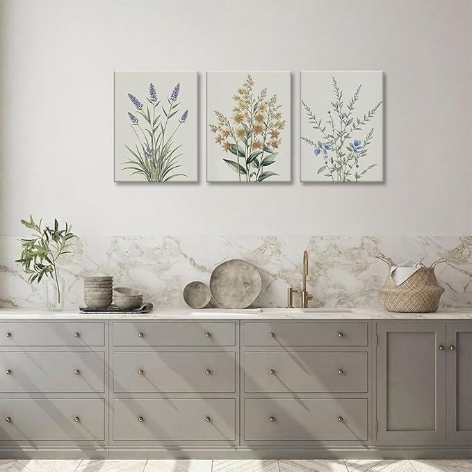 TUEASKY 3 Piece Framed Colorful Wildflower Wall Art Vintage Botanical Canvas Wall Decor Watercolor Floral Prints Poster for Living Room Bedroom Office 12x16in