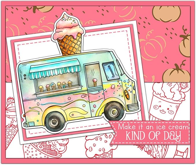 Ice Cream Cart Cones Stamps and Cutting Dies for Card Making DIY Transparent Silicone Clear Stamp and Metal Die Cuts Sets for Scrapbooking Paper Greeting Cards Decor Seals Craft Supplies